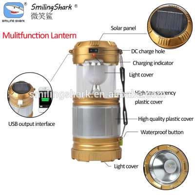 Smiling Shark 3W led camping flashlight rechargeable USB solar ABS material lantern